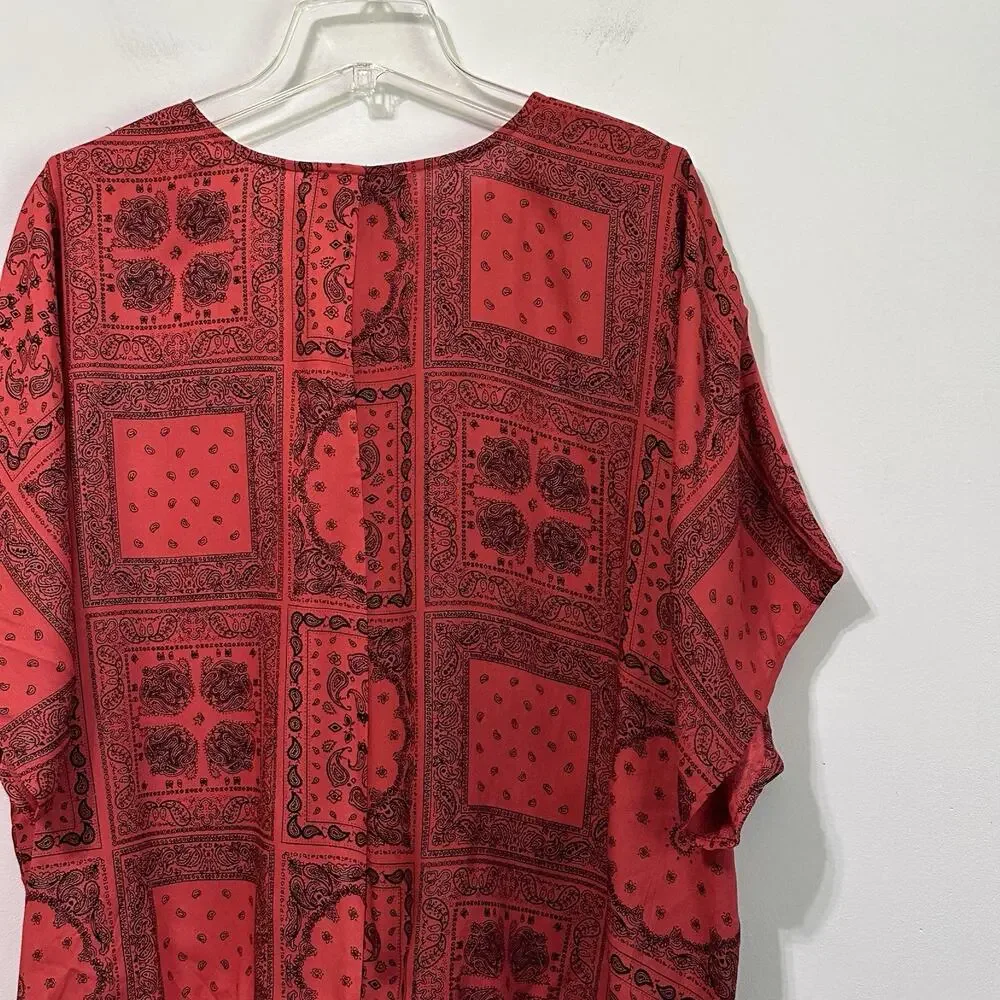 Ashley Stewart Top Plus 1X Popover V Neck Short Sleeve Red Bandana Shirt NEW - Picture 7 of 9